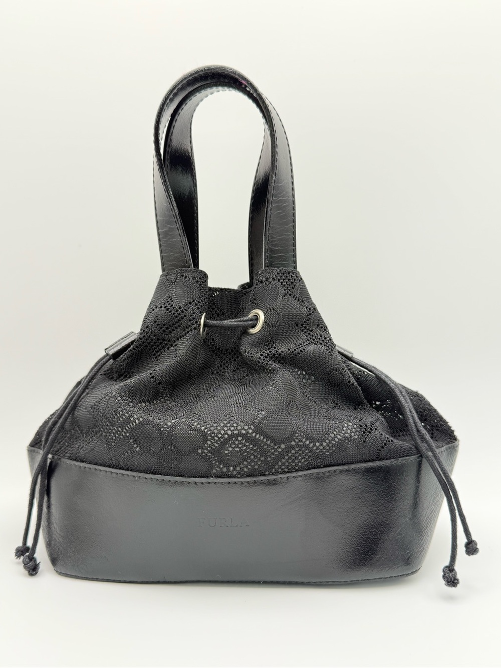 Furla Black Lace and Leather Drawstring Mini Bag